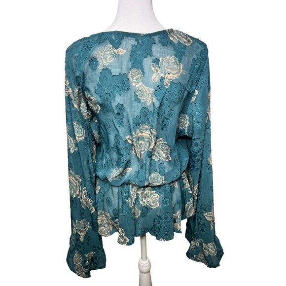 Venus Teal Floral Wrap Blouse Womens Long Sleeve V-Neck Size 12 - Picture 2 of 11
